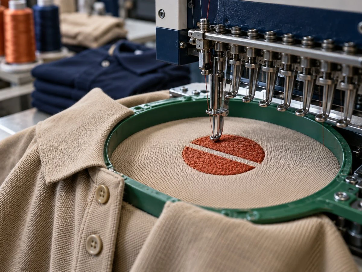 Illustrative embroidery process showing stitching on fabric